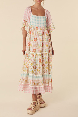 Multicolor Boho Floral Colorblock Plaid Ricrac Maxi Dress