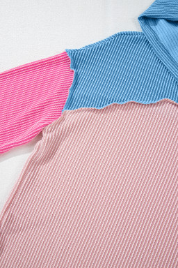 Pink Color Block Patchwork Corded Ribbed Loose Fit Hoodie