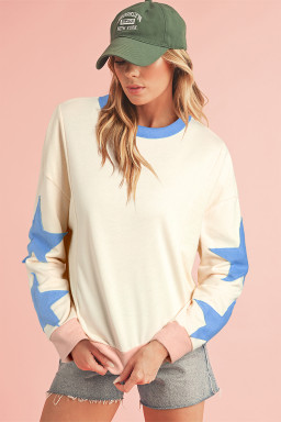 Beige Star Patchwork Exposed Seam Oversized Sweatshirt