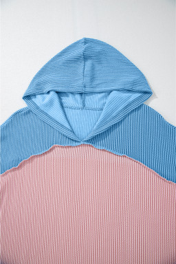 Pink Color Block Patchwork Corded Ribbed Loose Fit Hoodie