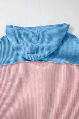 Pink Color Block Patchwork Corded Ribbed Loose Fit Hoodie