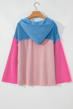 Pink Color Block Patchwork Corded Ribbed Loose Fit Hoodie