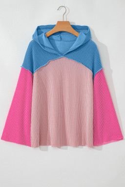 Pink Color Block Patchwork Corded Ribbed Loose Fit Hoodie