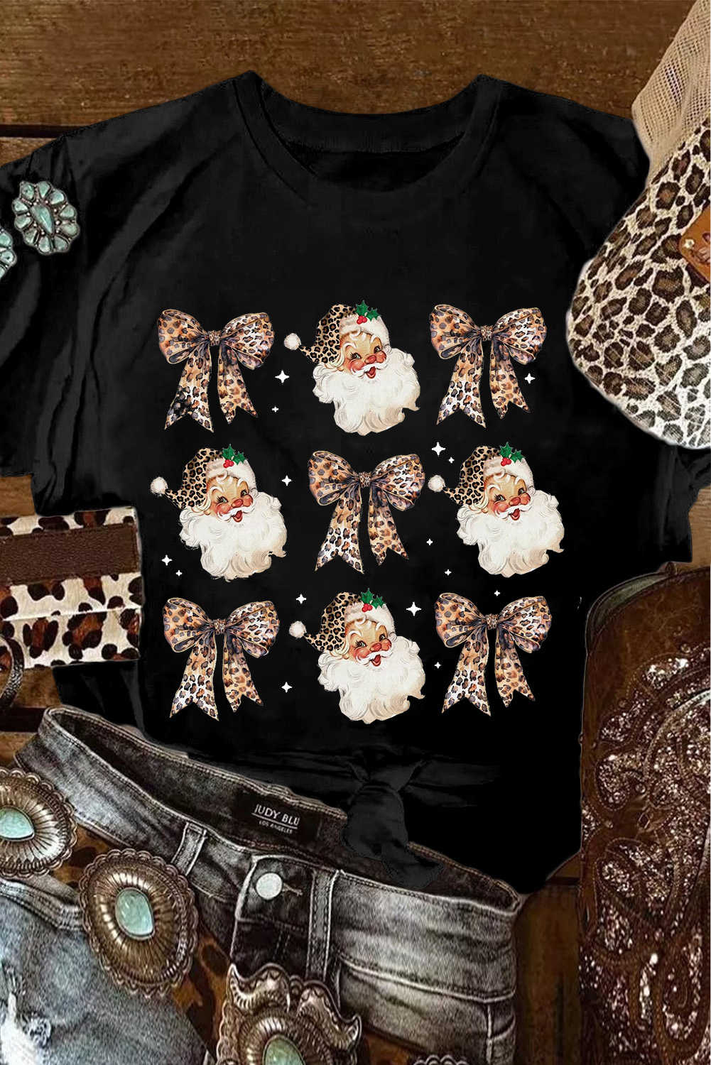 Black Santa Claus Leopard Bow Heat Transfer Printing Crew Neck Casual T Shirt