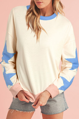 Beige Star Patchwork Exposed Seam Oversized Sweatshirt