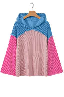 Pink Color Block Patchwork Corded Ribbed Loose Fit Hoodie
