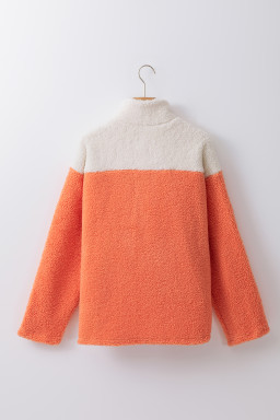 Orange Colorblock Zipper Stand Neck Sherpa Sweatshirt