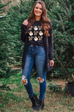 Black Santa Claus Leopard Bow Heat Transfer Printing Crew Neck Casual T Shirt