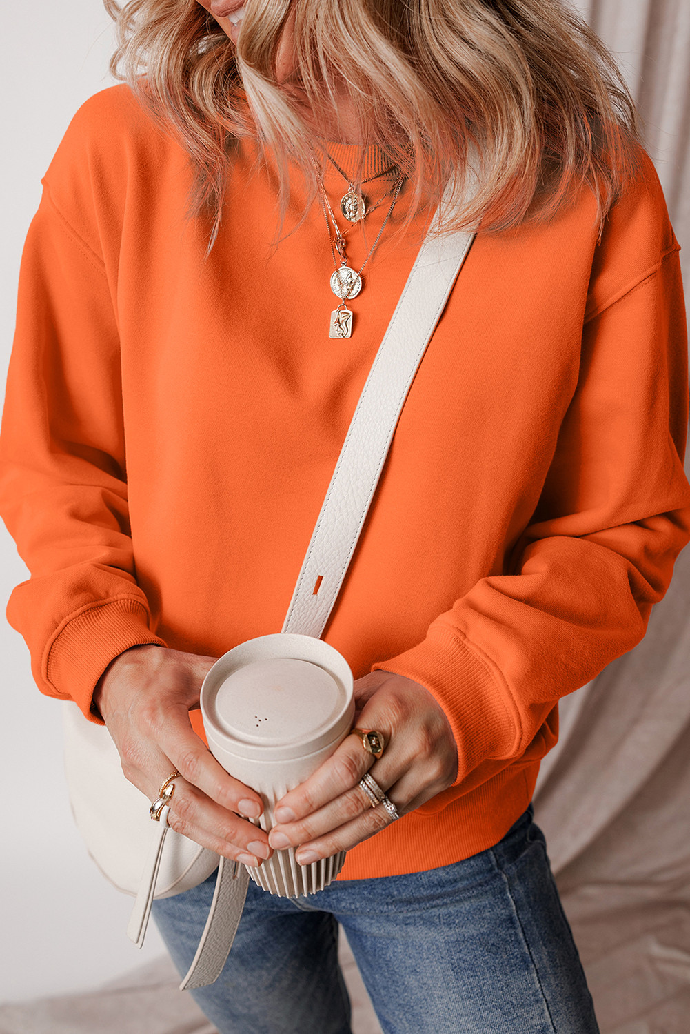 Russet Orange Solid Color Drop Shoulder Terry Sweatshirt