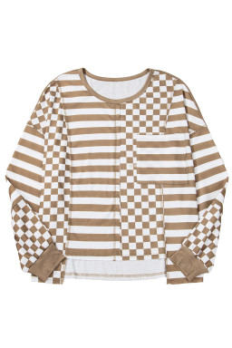 Khaki Checkered Striped Patchwork Lantern Sleeve Top