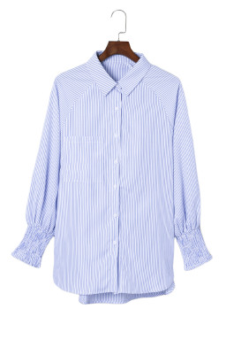 Light Blue Casual Striped Shirred Cuffs Shirt