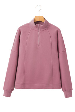 Fushia Zipper Collared Drop Shoulder Plain Sweatshirt