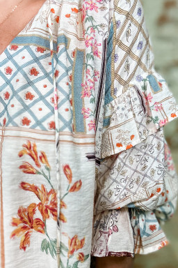 Multicolour Floral Plaid Patchwork Puff Sleeve Blouse