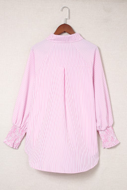 Pink Striped Casual Shirred Cuffs Shirt
