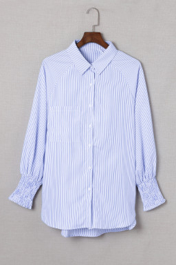 Light Blue Casual Striped Shirred Cuffs Shirt