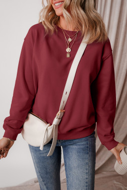 Burgundy Solid Color Drop Shoulder Terry Sweatshirt