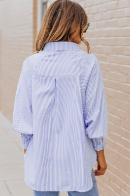 Light Blue Casual Striped Shirred Cuffs Shirt