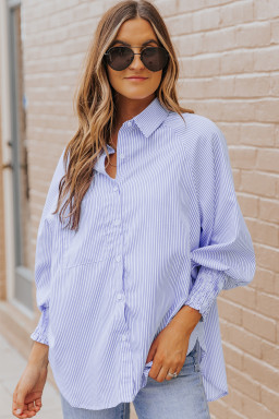 Light Blue Casual Striped Shirred Cuffs Shirt