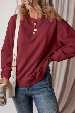 Burgundy Solid Color Drop Shoulder Terry Sweatshirt