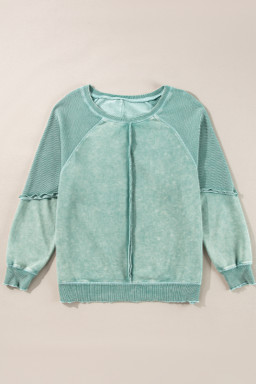 Mineral Blue Waffle Patchwork Raglan Sleeve Exposed Seam Sweatshirt