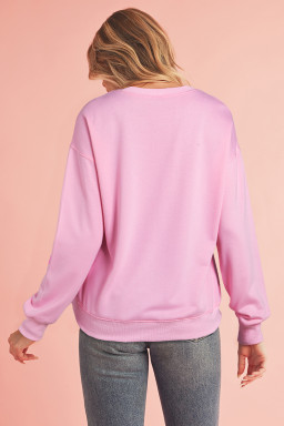 Pink Sequined Bow Graphic Round Neck Drop Sleeve Sweatshirt