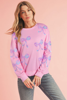 Pink Sequined Bow Graphic Round Neck Drop Sleeve Sweatshirt