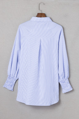 Light Blue Casual Striped Shirred Cuffs Shirt