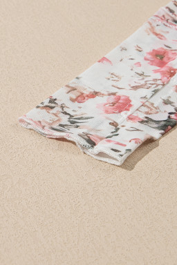 Pink Floral Print Mesh Mock Neck Slim Blouse