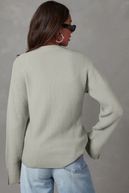 Gray Textured Knit Split Cuff Drop Shoulder Loose Sweater