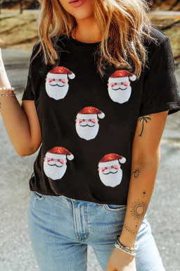Black Sequin Christmas Claus Pattern Patch Application Crewneck T Shirt