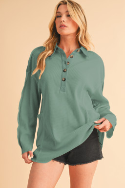 Smoke Green Waffle Patchwork Drop Sleeve Henley Top