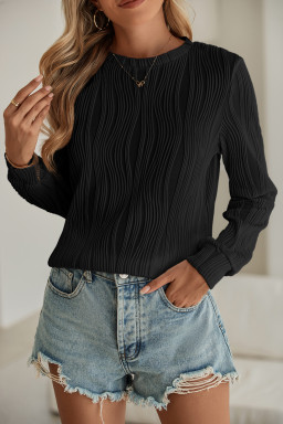 Black Wavy Textured Solid Color Drop Shoulder Pullover Top