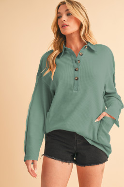 Smoke Green Waffle Patchwork Drop Sleeve Henley Top