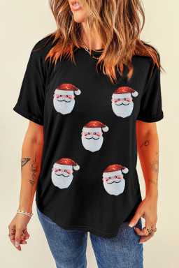 Black Sequin Christmas Claus Pattern Patch Application Crewneck T Shirt