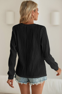 Black Wavy Textured Solid Color Drop Shoulder Pullover Top