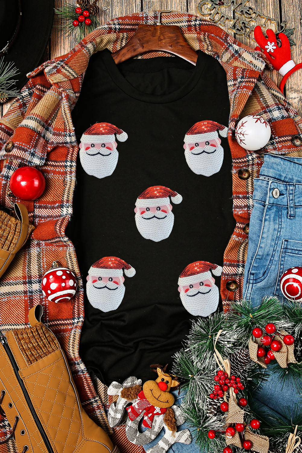 Black Sequin Christmas Claus Pattern Patch Application Crewneck T Shirt