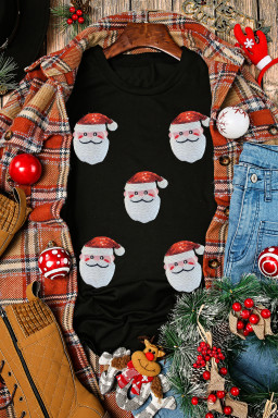 Black Sequin Christmas Claus Pattern Patch Application Crewneck T Shirt