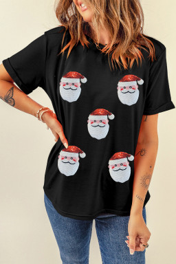 Black Sequin Christmas Claus Pattern Patch Application Crewneck T Shirt