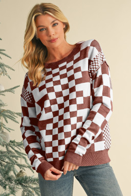 Brown Checkered Drop Shoulder Round Neck Sweater