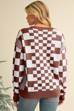 Brown Checkered Drop Shoulder Round Neck Sweater