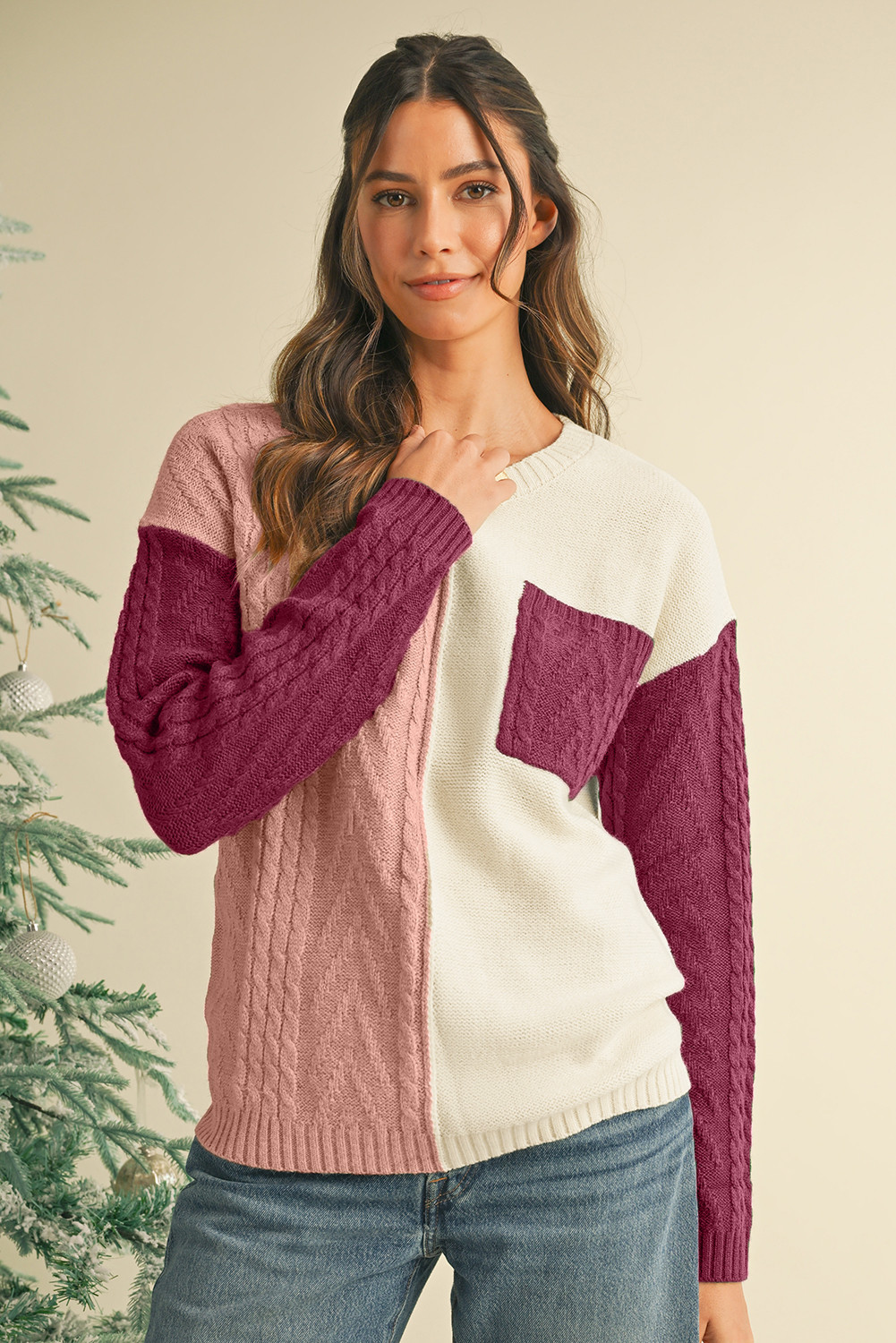 Rose Tan Colorblock Pocket Drop Shoulder Sweater