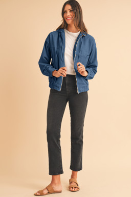 Real Teal Corduroy Drawstring Hooded Pocket Zip Up Jacket