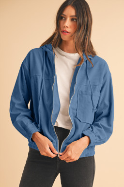 Real Teal Corduroy Drawstring Hooded Pocket Zip Up Jacket