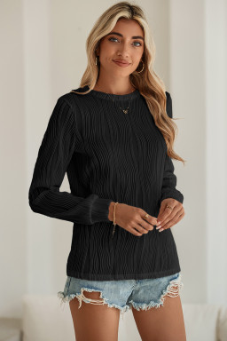 Black Wavy Textured Solid Color Drop Shoulder Pullover Top