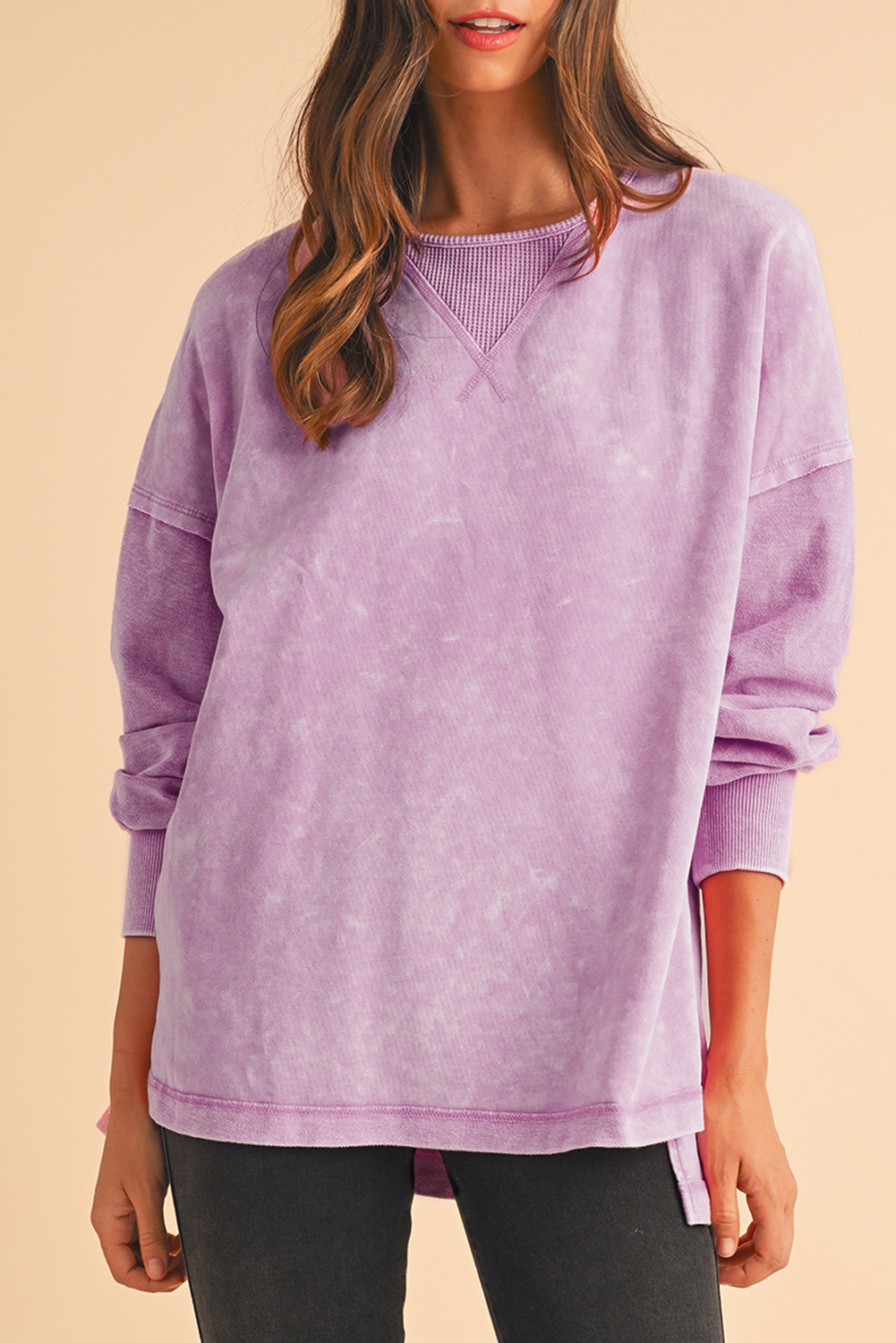 Mittoshop Flower Patch Side Slit Mineral Wash Round Neck Sweatshirt