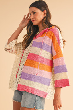 Pink Oversized Colorblock V Neck Hooded Sweater