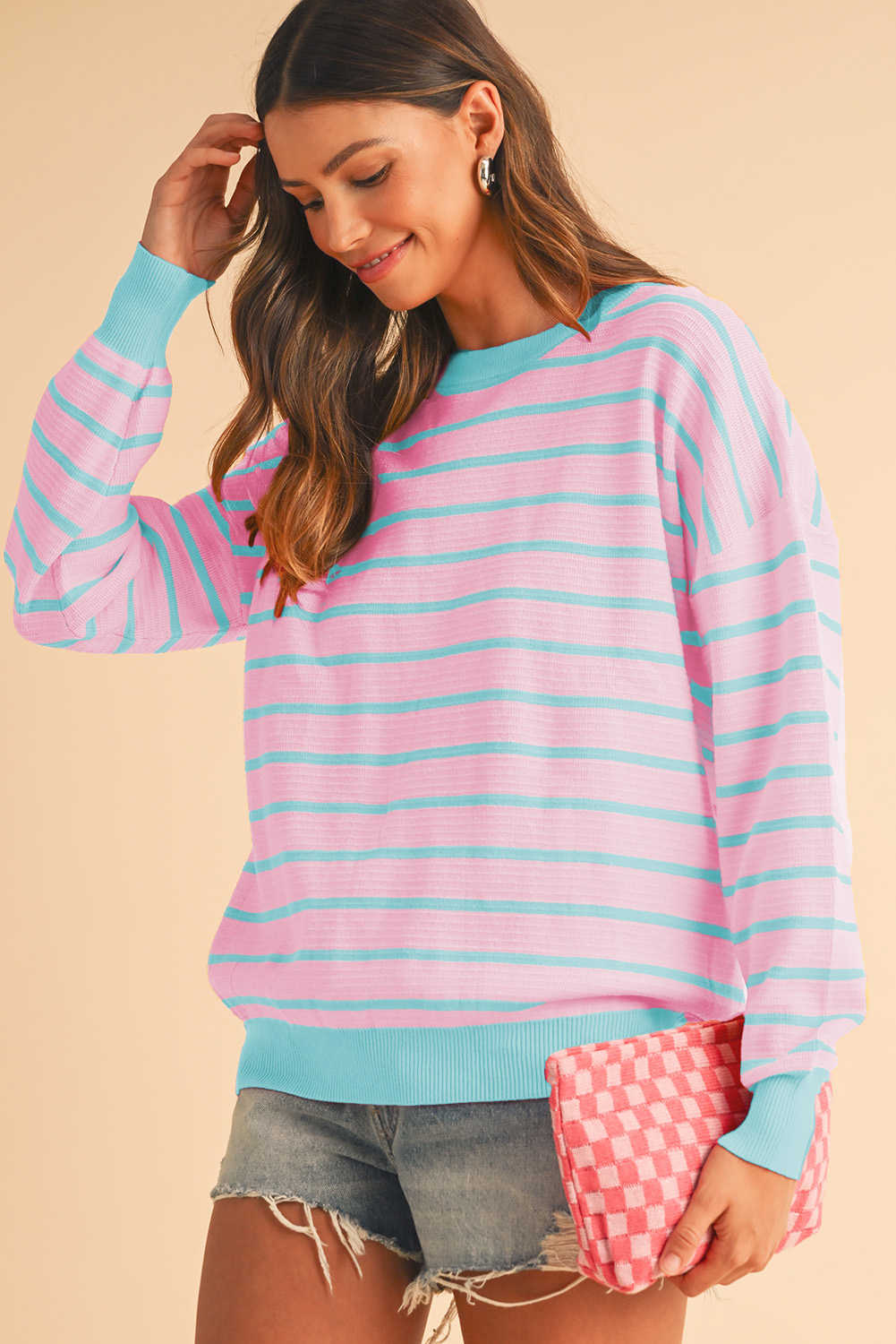 Pink Stripe Round Neck Drop Shoulder Loose Sweater
