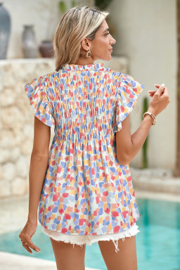 Pink Shirred Yoke Ruffle Abstract Blouse