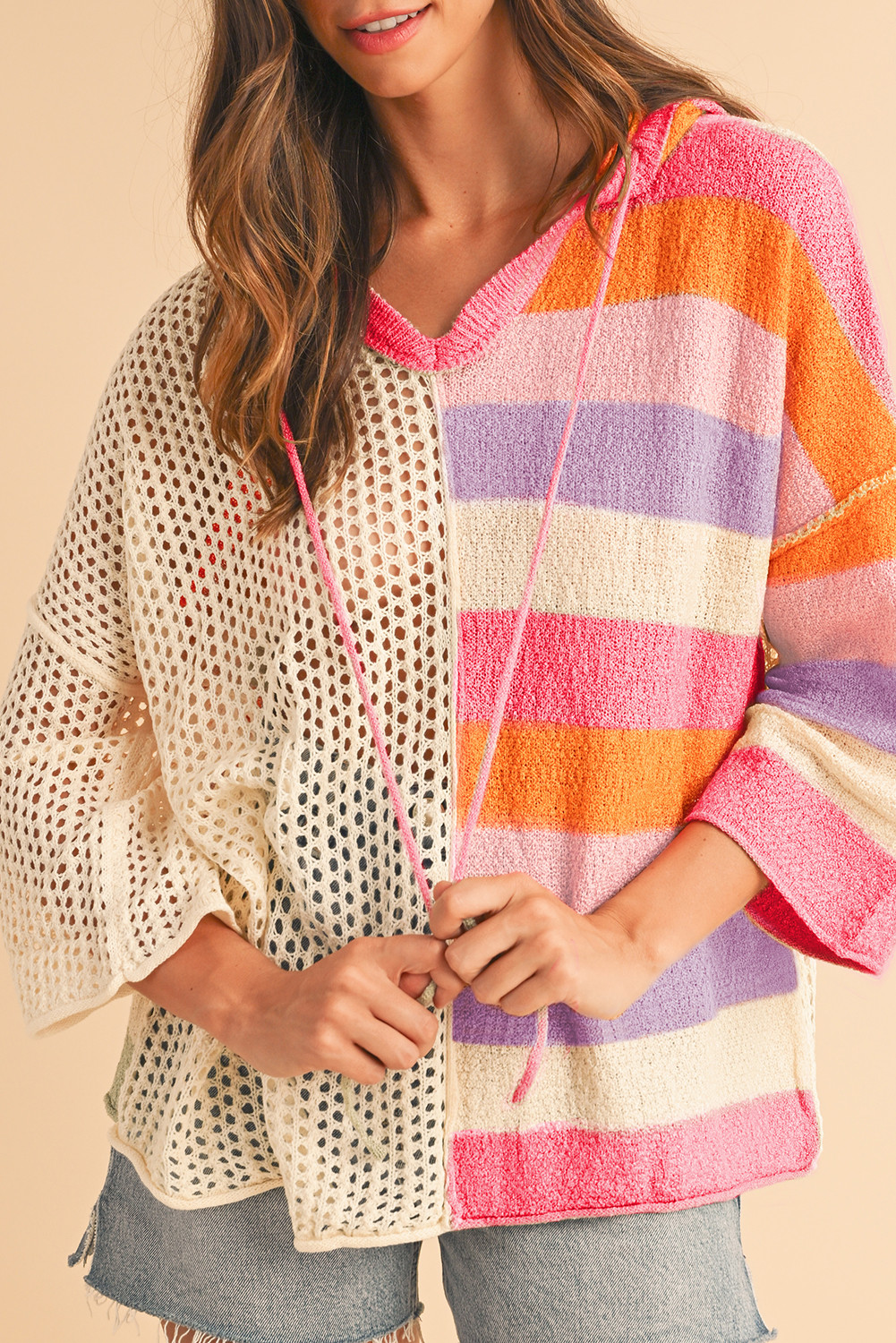 Pink Oversized Colorblock V Neck Hooded Sweater