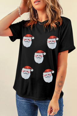 Black Sequin Christmas Claus Pattern Patch Application Crewneck T Shirt